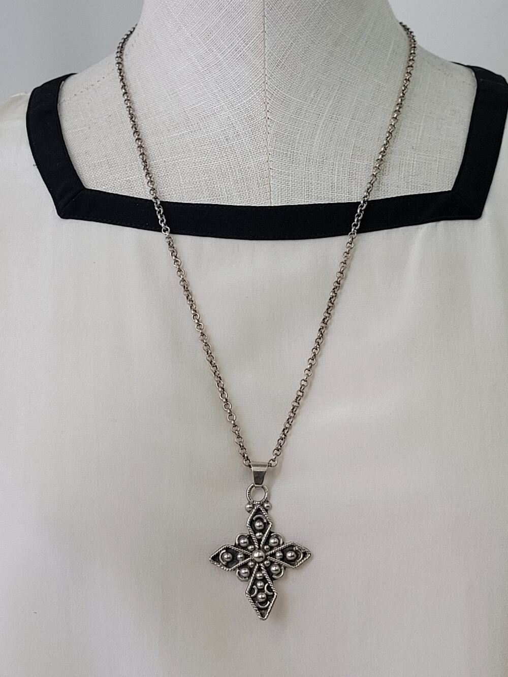 Vintage Sterling Silver Cross Pendant on 24" 925 Rolo Chain | Made in Mexico